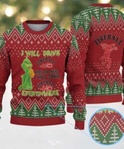 Red & Green Christmas Tree Pattern “Fireball Cinnamon Whisky & Grinch” Ugly Holiday Sweater