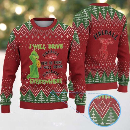 Red & Green Christmas Tree Pattern “Fireball Cinnamon Whisky & Grinch” Ugly Holiday Sweater