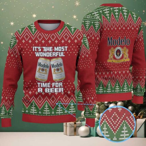 Red & Green Christmas Tree Pattern “Modelo Beer Holiday Cheer” Ugly Sweater