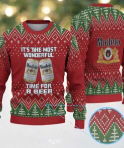 Red & Green Christmas Tree Pattern “Modelo Beer Holiday Cheer” Ugly Sweater