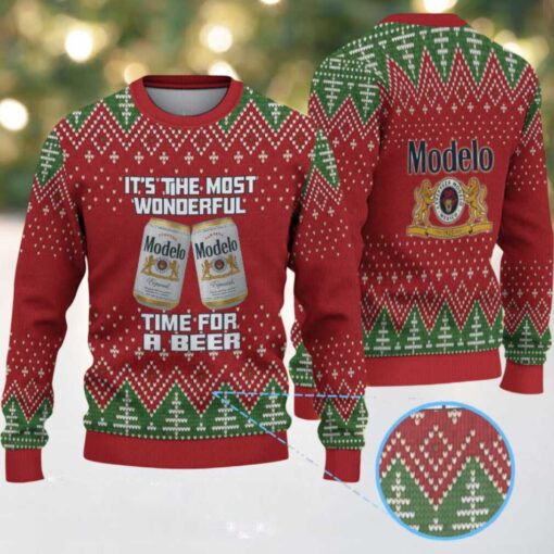 Red & Green Christmas Tree Pattern “Modelo Beer Holiday Cheer” Ugly Sweater
