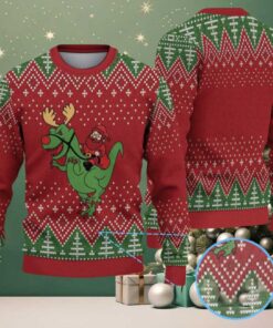 Red & Green Santa Riding Reindeer Dinosaur with Christmas Tree Knit Pattern – Vintage Ugly Christmas Sweater