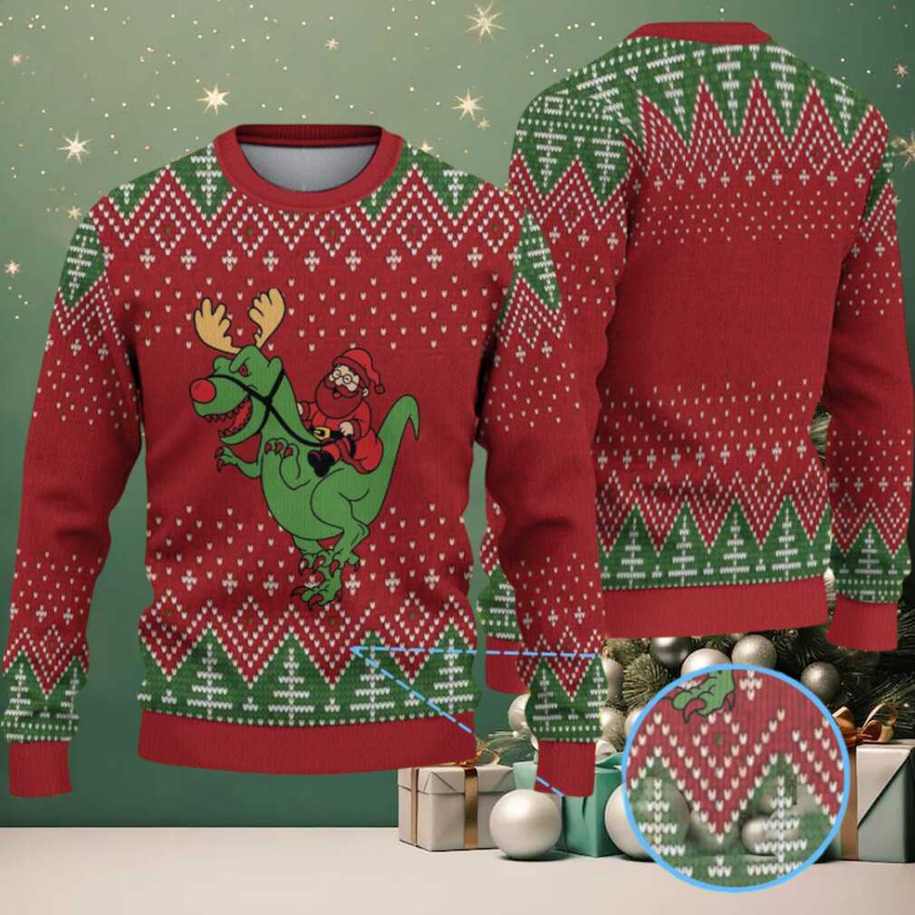 Red & Green Santa Riding Reindeer Dinosaur with Christmas Tree Knit Pattern – Vintage Ugly Christmas Sweater Red & Green Santa Riding Reindeer Dinosaur with Christmas Tree Knit Pattern – Vintage Ugly Christmas Sweater