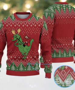 Red & Green Santa Riding Reindeer Dinosaur with Christmas Tree Knit Pattern – Vintage Ugly Christmas Sweater