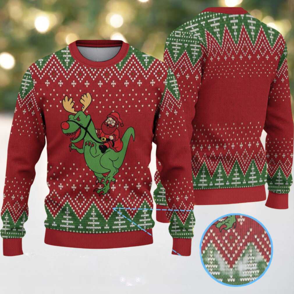 Red & Green Santa Riding Reindeer Dinosaur with Christmas Tree Knit Pattern – Vintage Ugly Christmas Sweater Red & Green Santa Riding Reindeer Dinosaur with Christmas Tree Knit Pattern – Vintage Ugly Christmas Sweater