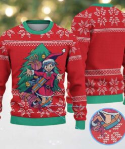 Red Green Snowflake Pattern Christmas Tree Anime Elf Ugly Christmas Sweater