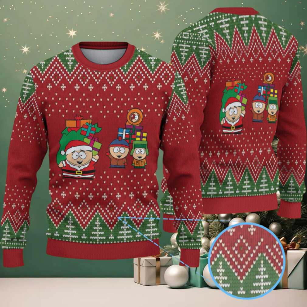 Red & Green South Park Characters with Christmas Gifts Tree Pattern – Vintage Ugly Christmas Sweater - Front View