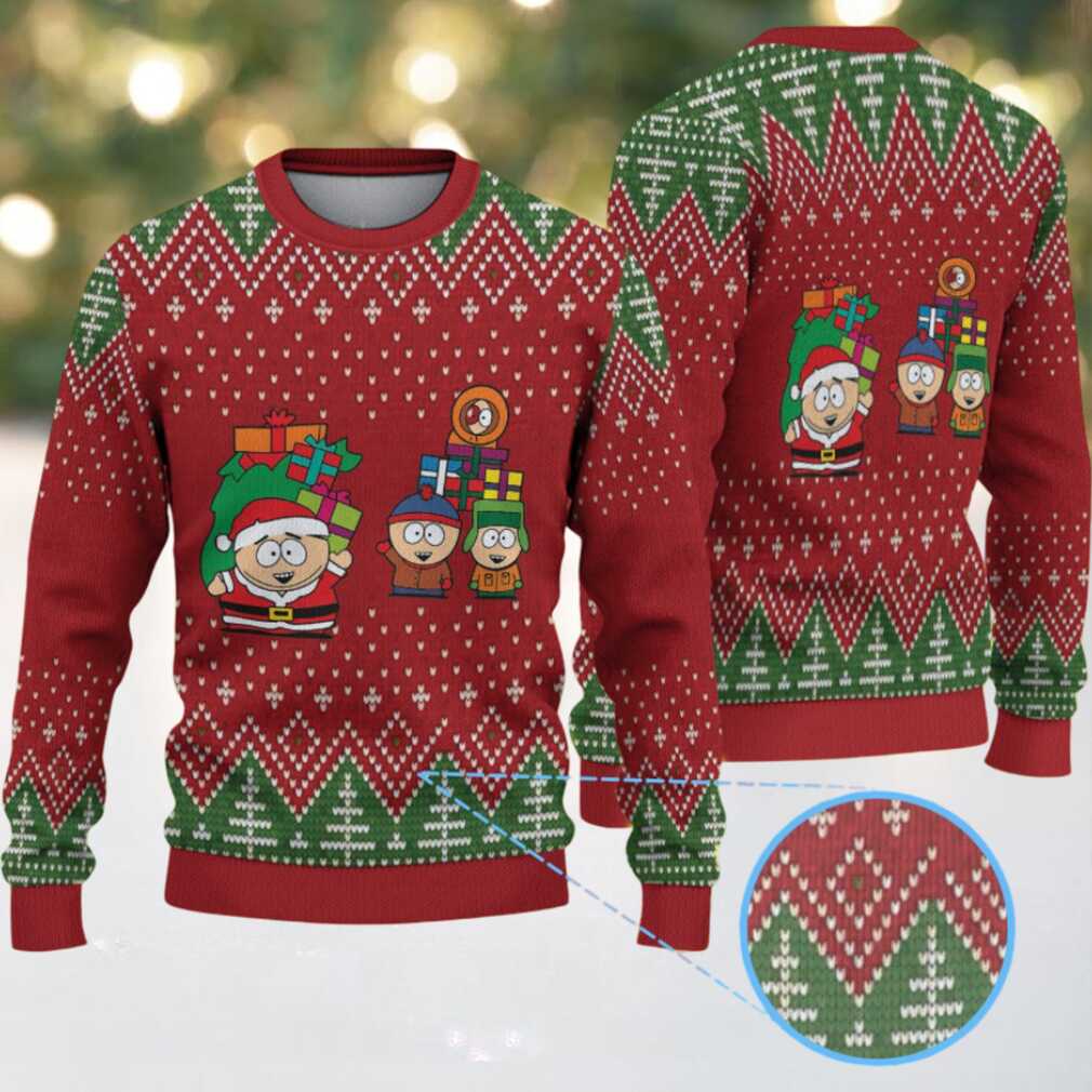 Red & Green South Park Characters with Christmas Gifts Tree Pattern – Vintage Ugly Christmas Sweater - Detail