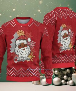 Red Merry Christmas Black Santa with Snowflake & Chevron Knit Pattern – Vintage Ugly Christmas Sweater