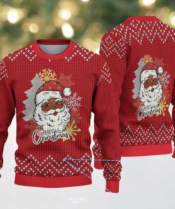Red Merry Christmas Black Santa with Snowflake & Chevron Knit Pattern – Vintage Ugly Christmas Sweater