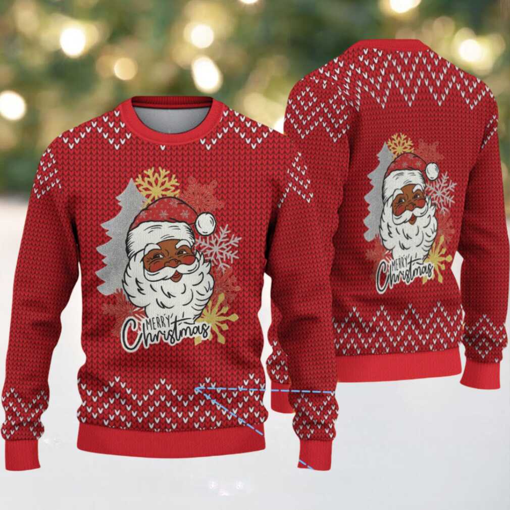 Red Merry Christmas Black Santa with Snowflake & Chevron Knit Pattern – Vintage Ugly Christmas Sweater Red Merry Christmas Black Santa with Snowflake & Chevron Knit Pattern – Vintage Ugly Christmas Sweater