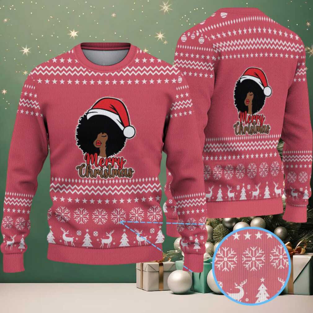 Red Merry Christmas Black Woman Santa with Snowflake & Reindeer Knit Pattern – Vintage Ugly Christmas Sweater Red Merry Christmas Black Woman Santa with Snowflake & Reindeer Knit Pattern – Vintage Ugly Christmas Sweater