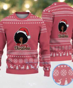 Red Merry Christmas Black Woman Santa with Snowflake & Reindeer Knit Pattern – Vintage Ugly Christmas Sweater