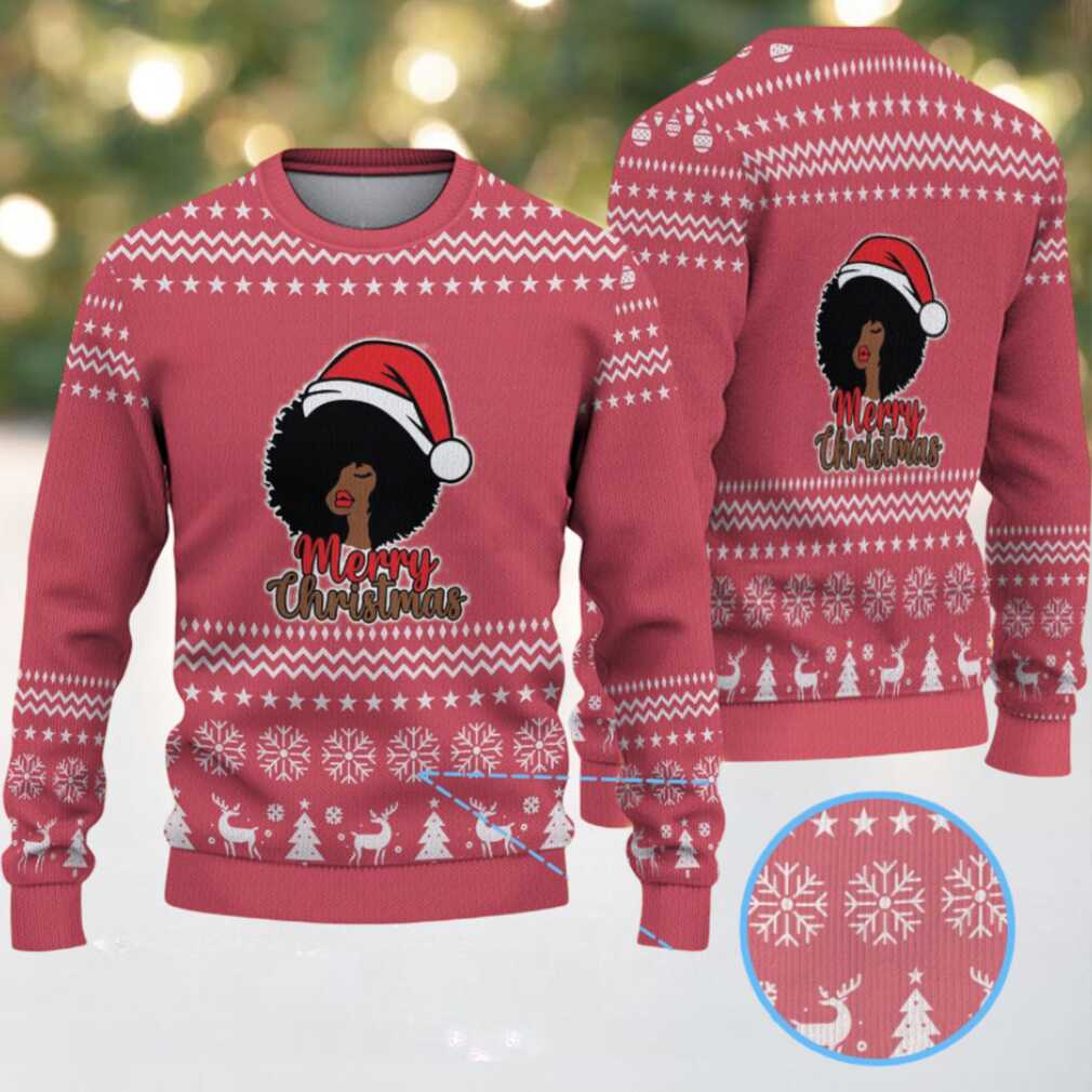 Red Merry Christmas Black Woman Santa with Snowflake & Reindeer Knit Pattern – Vintage Ugly Christmas Sweater Red Merry Christmas Black Woman Santa with Snowflake & Reindeer Knit Pattern – Vintage Ugly Christmas Sweater
