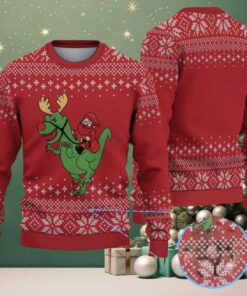 Red Santa Riding Green Reindeer Dinosaur with Snowflake Knit Pattern – Vintage Ugly Christmas Sweater Red Santa Riding Green Reindeer Dinosaur with Snowflake Knit Pattern – Vintage Ugly Christmas Sweater