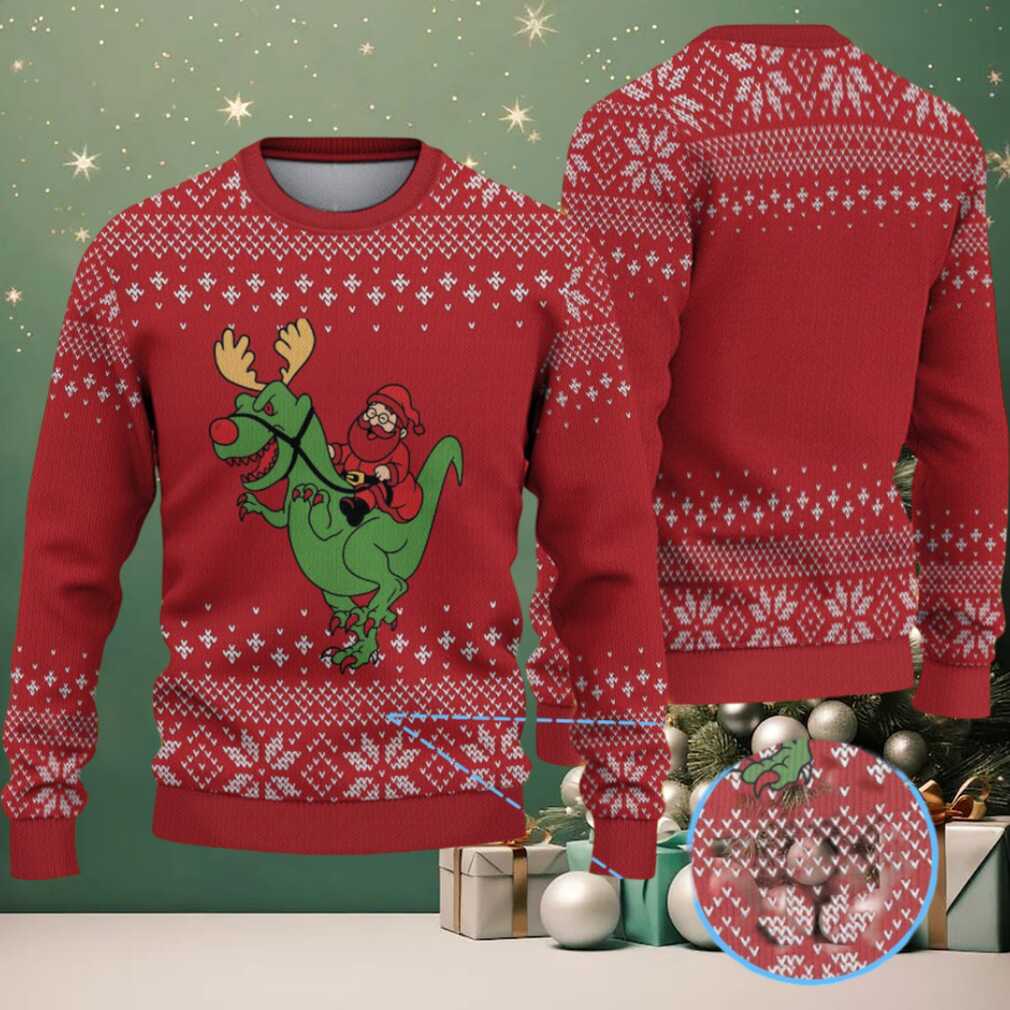 Red Santa Riding Green Reindeer Dinosaur with Snowflake Knit Pattern – Vintage Ugly Christmas Sweater Red Santa Riding Green Reindeer Dinosaur with Snowflake Knit Pattern – Vintage Ugly Christmas Sweater