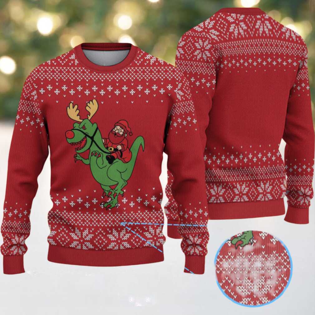 Red Santa Riding Green Reindeer Dinosaur with Snowflake Knit Pattern – Vintage Ugly Christmas Sweater Red Santa Riding Green Reindeer Dinosaur with Snowflake Knit Pattern – Vintage Ugly Christmas Sweater