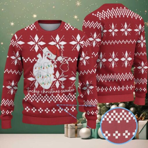Red Ugly Christmas Sweater with White Geometric Snowflake Pattern Featuring Nurse Heart Anatomy