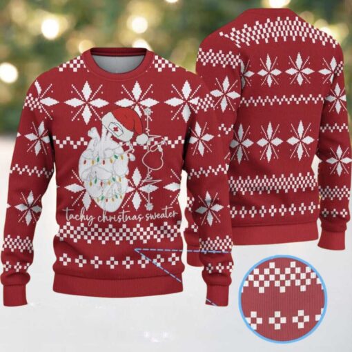 Red Ugly Christmas Sweater with White Geometric Snowflake Pattern Featuring Nurse Heart Anatomy