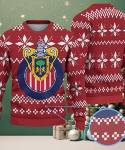 Red Ugly Christmas Sweater with White Snowflake Pattern Featuring Chivas Guadalajara Crest