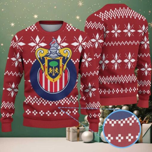 Red Ugly Christmas Sweater with White Snowflake Pattern Featuring Chivas Guadalajara Crest