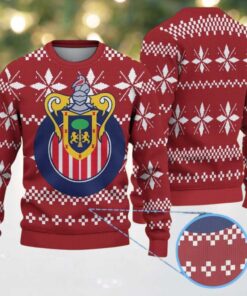 Red Ugly Christmas Sweater with White Snowflake Pattern Featuring Chivas Guadalajara Crest