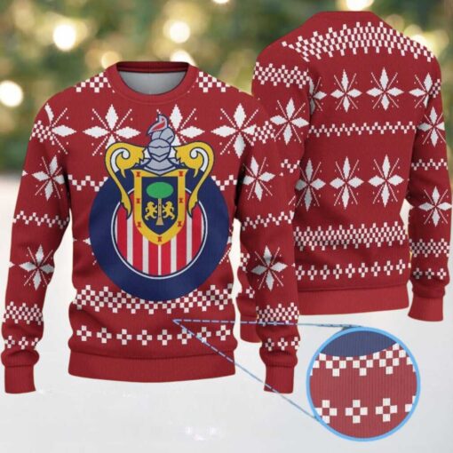 Red Ugly Christmas Sweater with White Snowflake Pattern Featuring Chivas Guadalajara Crest