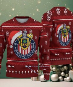 Red Ugly Christmas Sweater with White Snowflake Pattern Featuring Chivas Guadalajara Logo