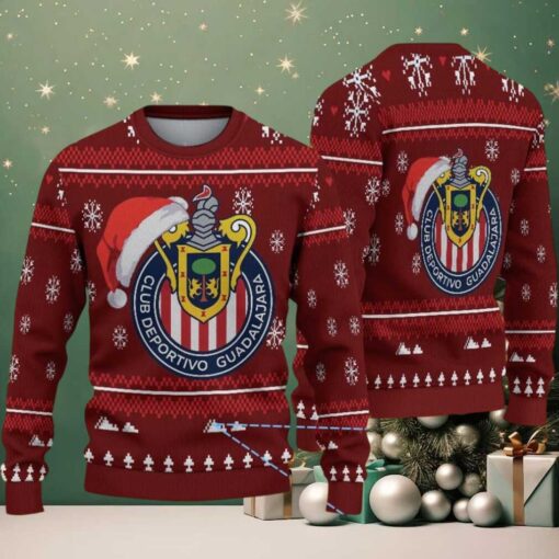 Red Ugly Christmas Sweater with White Snowflake Pattern Featuring Chivas Guadalajara Logo