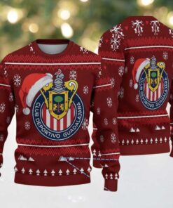 Red Ugly Christmas Sweater with White Snowflake Pattern Featuring Chivas Guadalajara Logo