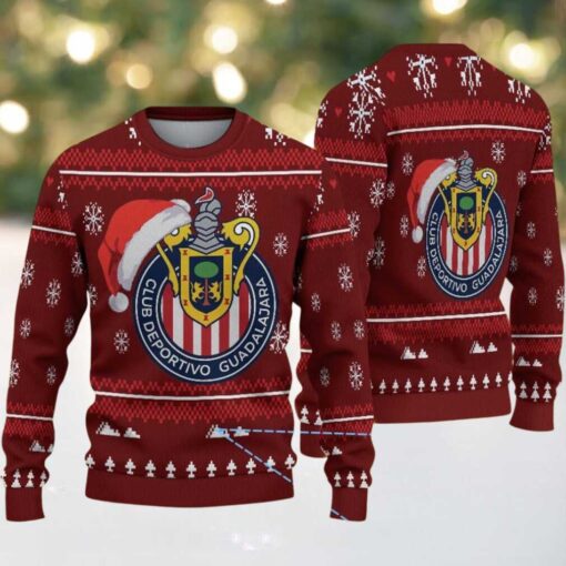 Red Ugly Christmas Sweater with White Snowflake Pattern Featuring Chivas Guadalajara Logo
