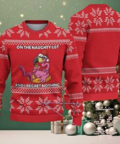 Red Ugly Christmas Sweater with White Snowflake Pattern Featuring Funny Pink Flamingo