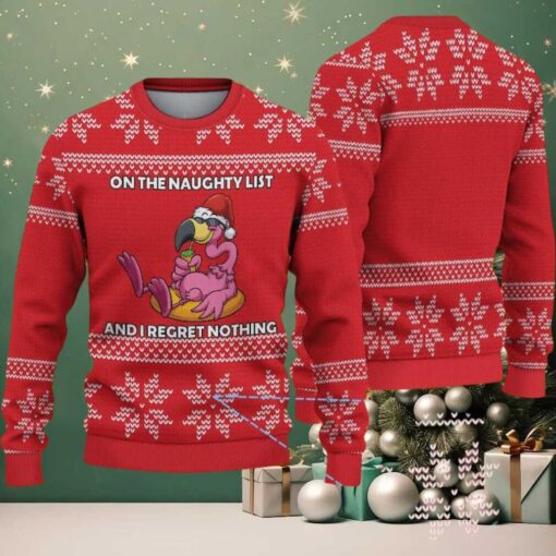 Red Ugly Christmas Sweater with White Snowflake Pattern Featuring Funny Pink Flamingo