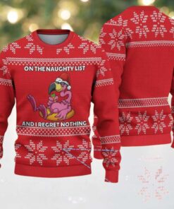 Red Ugly Christmas Sweater with White Snowflake Pattern Featuring Funny Pink Flamingo
