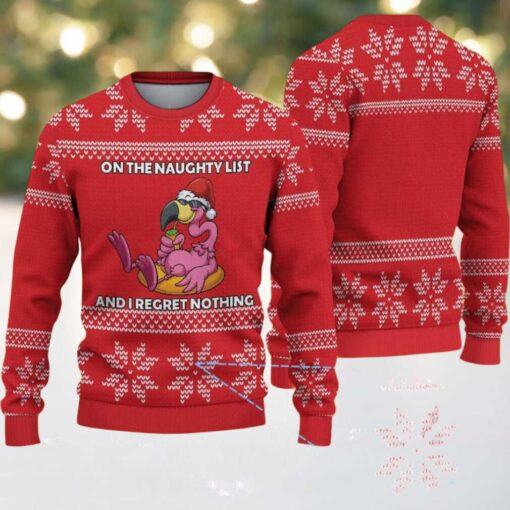 Red Ugly Christmas Sweater with White Snowflake Pattern Featuring Funny Pink Flamingo