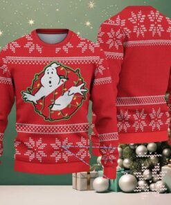 Red Ugly Christmas Sweater with White Snowflake Pattern Featuring Ghostbusters Chivas Inspired