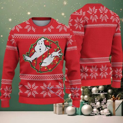 Red Ugly Christmas Sweater with White Snowflake Pattern Featuring Ghostbusters Chivas Inspired