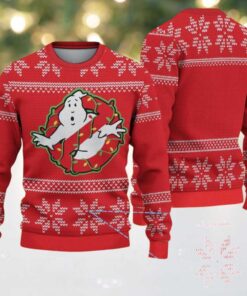Red Ugly Christmas Sweater with White Snowflake Pattern Featuring Ghostbusters Chivas Inspired