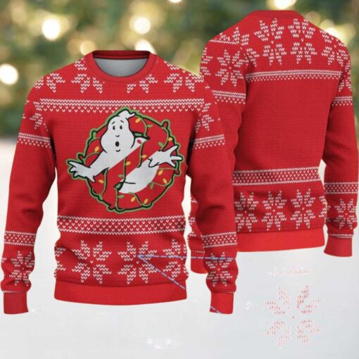 Red Ugly Christmas Sweater with White Snowflake Pattern Featuring Ghostbusters Chivas Inspired