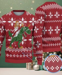 Red Ugly Christmas Sweater with White Snowflake Pattern Featuring Jesus Riding Dinosaur