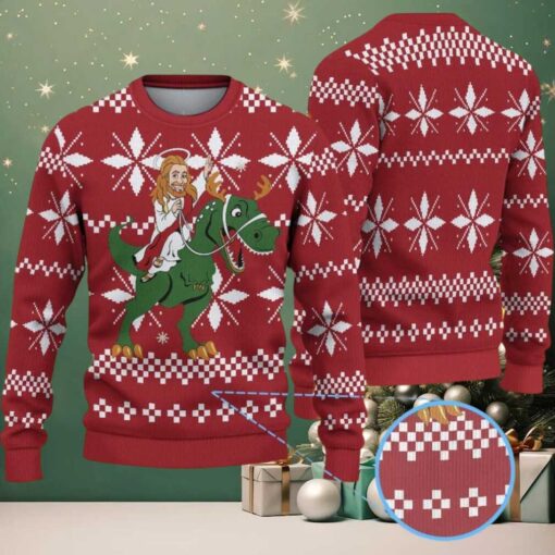 Red Ugly Christmas Sweater with White Snowflake Pattern Featuring Jesus Riding Dinosaur