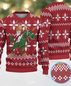 Red Ugly Christmas Sweater with White Snowflake Pattern Featuring Jesus Riding Dinosaur