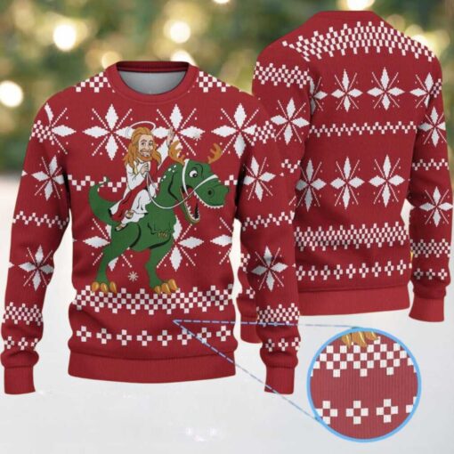 Red Ugly Christmas Sweater with White Snowflake Pattern Featuring Jesus Riding Dinosaur