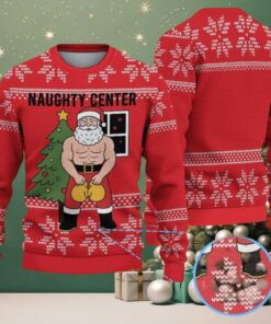 Red Ugly Christmas Sweater with White Snowflake Pattern Featuring Naughty Santa Claus “Naughty Center” Red Ugly Christmas Sweater with White Snowflake Pattern Featuring Naughty Santa Claus “Naughty Center”