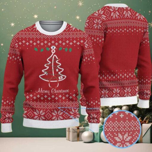Red Ugly Christmas Sweater with White Snowflake Pattern Featuring Nurse Christmas Tree