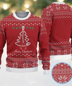 Red Ugly Christmas Sweater with White Snowflake Pattern Featuring Nurse Christmas Tree