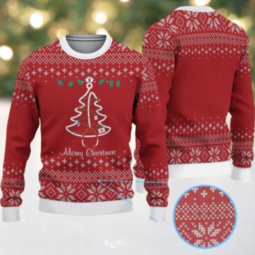 Red Ugly Christmas Sweater with White Snowflake Pattern Featuring Nurse Christmas Tree