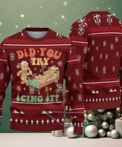 Red Ugly Christmas Sweater with White Snowflake Pattern Featuring Nurse Gingerbread Men and Funny Medical Quote