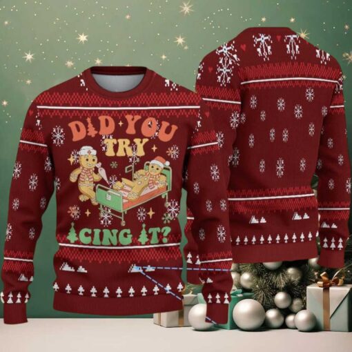 Red Ugly Christmas Sweater with White Snowflake Pattern Featuring Nurse Gingerbread Men and Funny Medical Quote