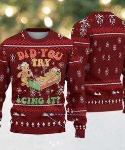 Red Ugly Christmas Sweater with White Snowflake Pattern Featuring Nurse Gingerbread Men and Funny Medical Quote